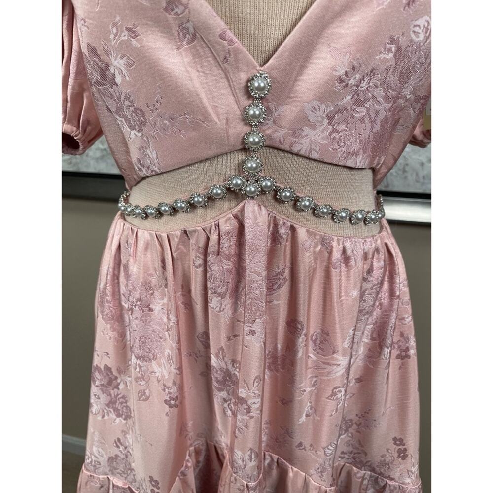 V. CHAPMAN Emma Crystal Embellished Cutout Floral Brocade Pink Maxi Dress Sz 4 - Picture 5 of 10